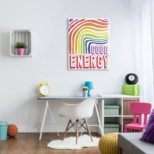 Stupell Industries Good Energy Phrase Abstract Rainbow Waves Bold Typography Canvas Wall Art